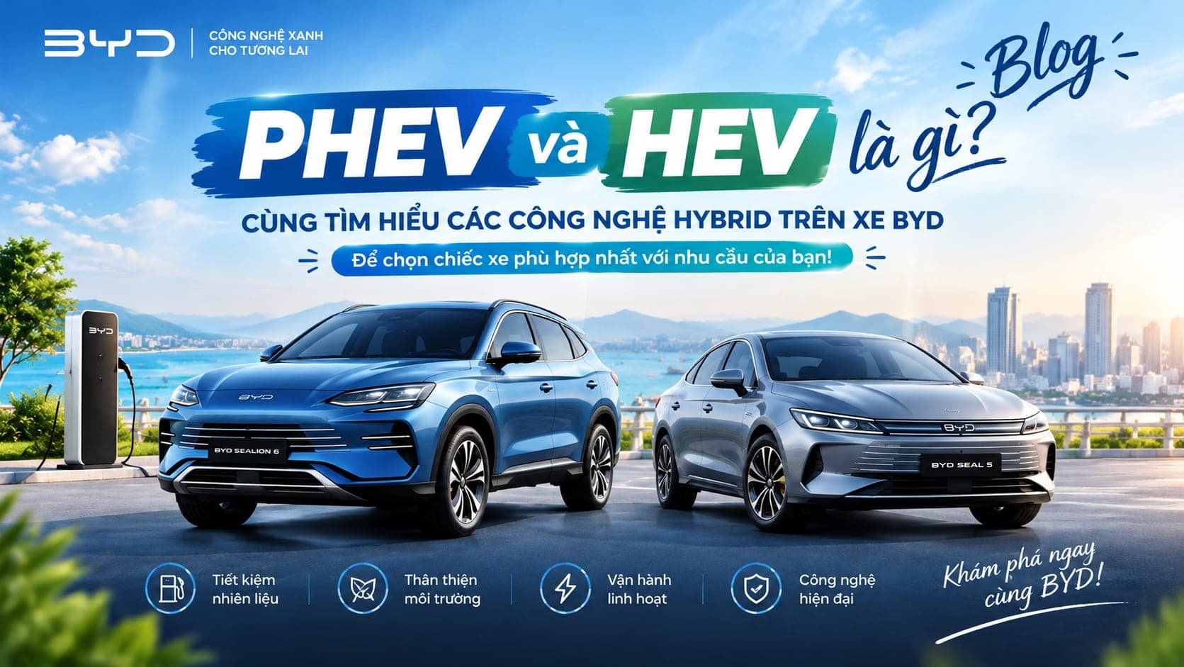 Ảnh bìa bài PHEV và HEV là gì với hai mẫu hybrid sạc ngoài BYD Sealion 6 và BYD Seal 5 đậu cạnh trụ sạc