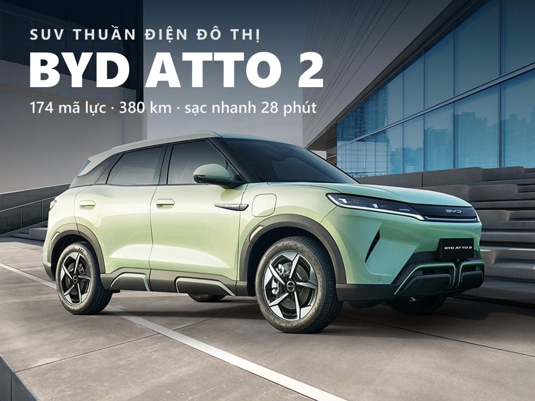 BYD Atto 2 – SUV thuần điện đô thị 5 chỗ: công suất 174 mã lực, pin Blade 45,12 kWh, quãng đường 380 km (NEDC), sạc nhanh DC 65 kW, màn hình xoay 12,8 inch