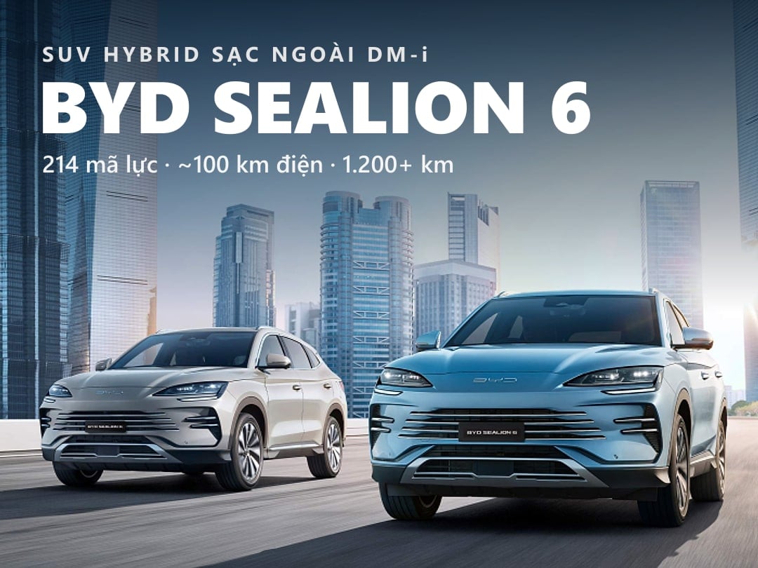 BYD Sealion 6 DM-i – SUV hybrid sạc ngoài 5 chỗ: tổng công suất 214 mã lực, pin Blade 18,3 kWh, chạy thuần điện khoảng 100 km, tổng quãng đường hơn 1.200 km